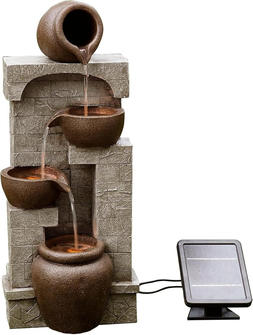 Teamson Home 28 in. Cascading Bowls and Stacked Stones LED Outdoor Water Fountain for Outdoor Living Spaces to Create a Calming Oasis in Gardens and Landscaping, on Patios, Balconies, Lawns, Brown