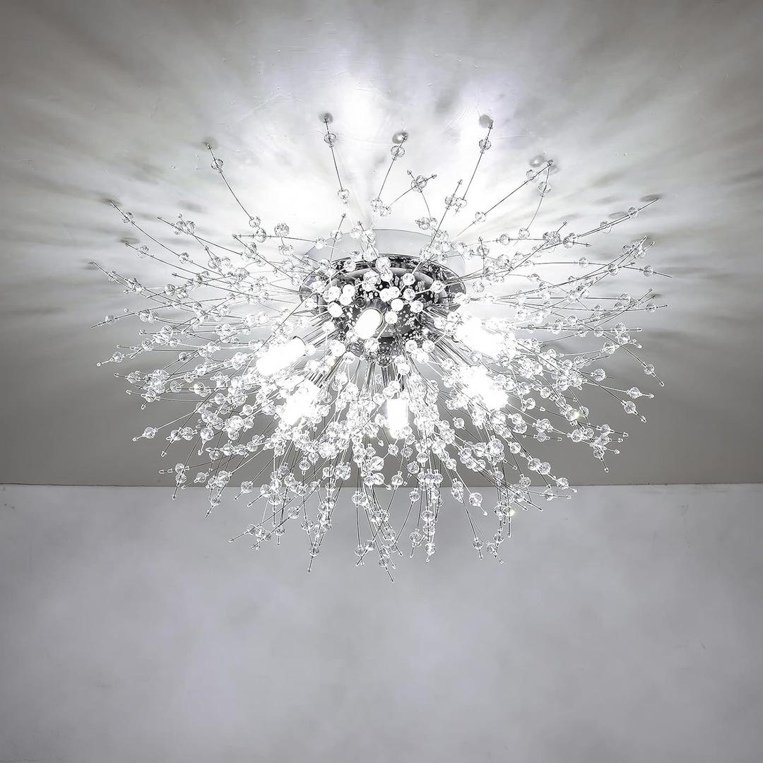 HMVPL Crystal Sputnik Firework Close to Ceiling Light, Modern LED Lamp for Bedroom, Kitchen, Island, Entryway, Hallway, Foyer (Chrome)