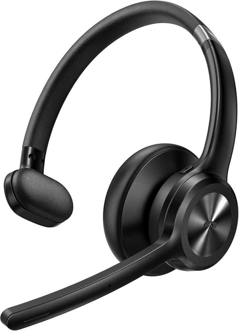 TECKNET Trucker Bluetooth Headset, Wireless Headset with Mic for Work, V5.2 Bluetooth Headphones with AI Noise Cancelling Microphone, 60H Battery, On-Ear Headphones for Call Center, Office, Drivers (Medium, Black)