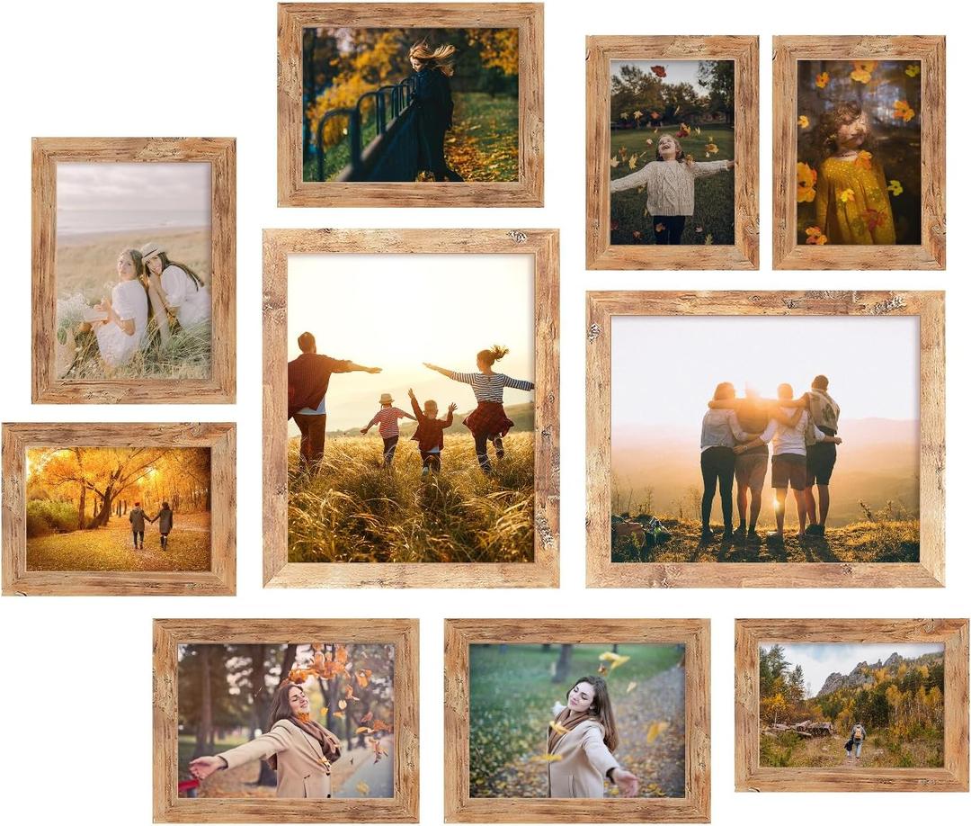 iRahmen Collage Picture Frames Set of 10, Wall Decor for Mounting or Tabletop Display, Family Photo Gallery Frame Set - Multi Sizes Including Two 8x10, Four 5x7, Four 4x6, HD Glass, Rustic Wood