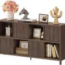 FATORRI 8 Cube Storage Organizer Bookshelf with Storage, Horizontal Bookcase with 4 Doors, Long Wooden Book Shelf for Living Room, Home Office (Dark Walnut)