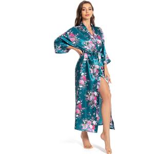 Women's Long Silk Robes Lightweight Long Satin Robes Full Length Sleepwear Dressing Gown (XX-Large-3X-Large Plus, Dark Green)