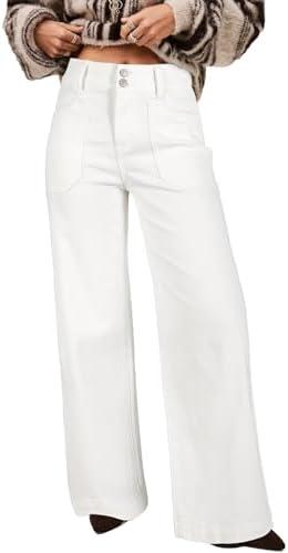 Astylish Women's High Waisted Wide Leg Jeans Stretch Denim Pants Double Button Trousers with Patch Pockets,Size 12