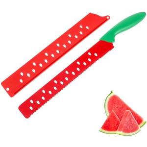 DECHOUS Watermelon Knife with Sleeve: Long Serrated Watermelon Knife for Melon Cutting - Kitchen Fruit Melon Cutter Slicer for Home Summer Party Fruit Serving (Red Green)