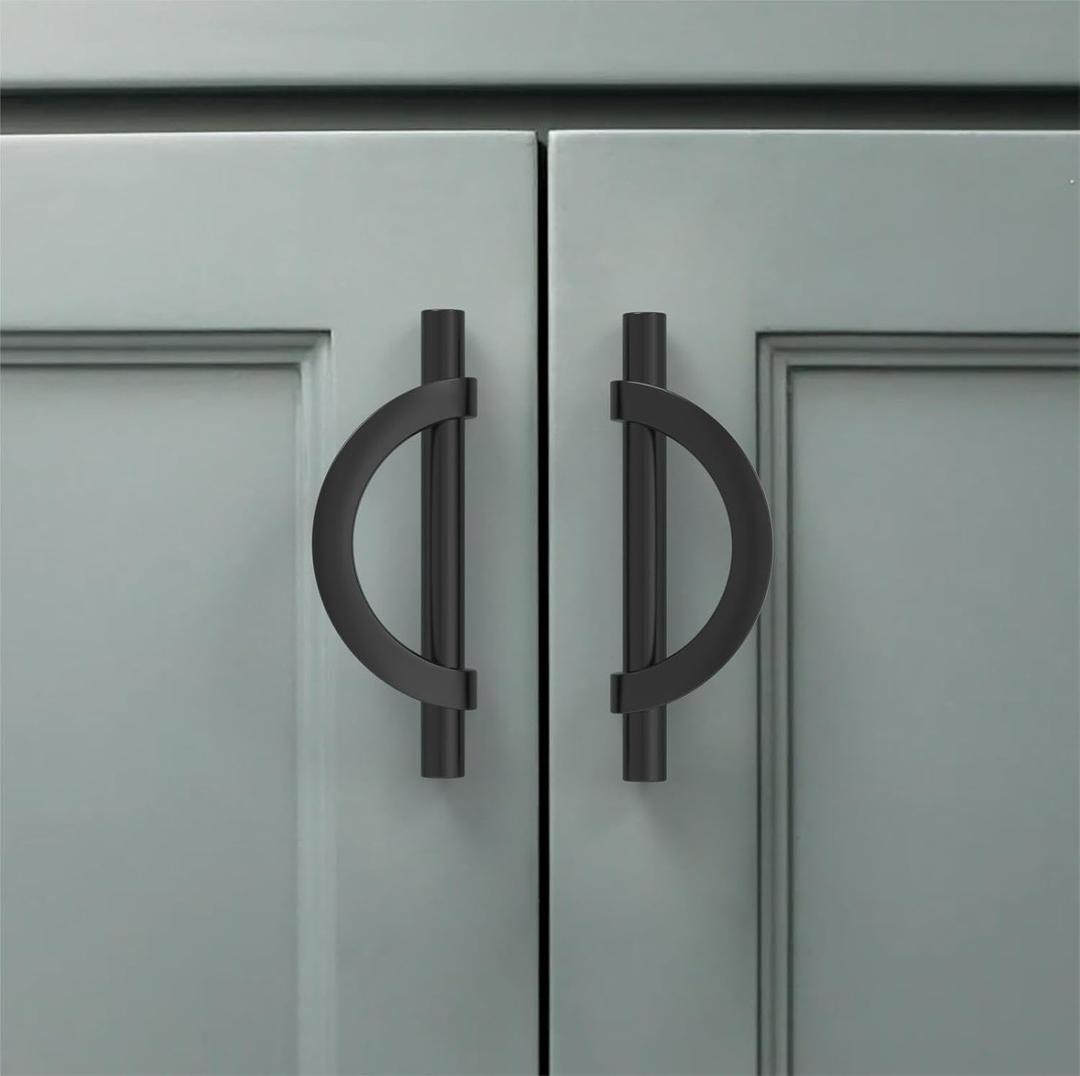 Amerdeco Paquete de 10 tiradores de gabinete negro mate de 3.75 pulgadas (3.780 in) con agujeros centrales, manijas de gabinete de cocina, manijas de cocina para armarios, tiradores de cajones