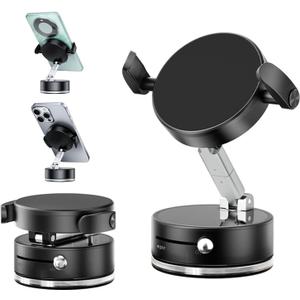 Vacuum Magnetic Phone Holder for You Car 360 Rotatable Vacuum Magnetic Phone Mount with Clamp Foldable Car Phone Holder with Strong Suction Cup Magnetic Car Mount for iPhone All Cell Phones (Black)