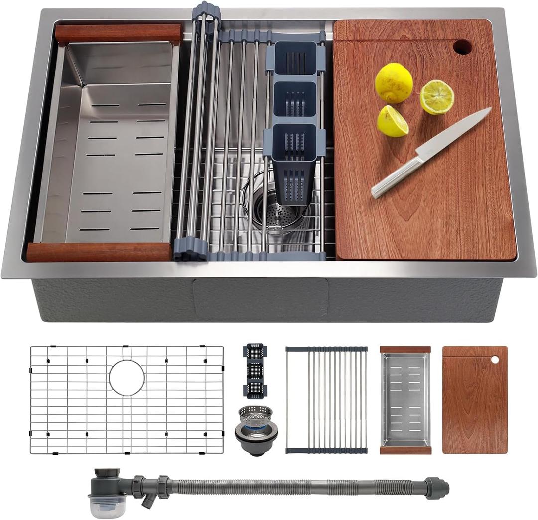 SANYCASA 27 Inch Undermount Kitchen Sink with Quiet Drain - 11 Gauge Stainless Steel, Single Bowl - Multifunctional Handmade Modern Integrated Ledge Workstation Set -