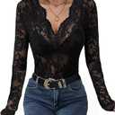 METWAY Women's Lace Long Sleeve Top Sheer Floral Lace Shirt Elegant V Neck Sexy Undershirt Blouse Mesh Going Out Trendy (Black,XL)