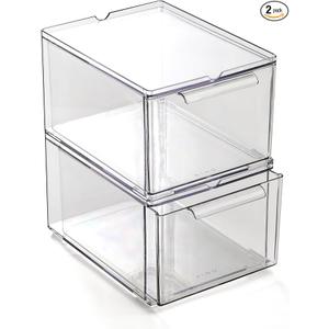 BINO | Clear Stackable Storage Drawers, Medium - 2 Pack | Clear Storage Drawers with Built-In Handles | Durable Plastic Organizer Drawer | Modular Stackable Drawer Acrylic Organizer