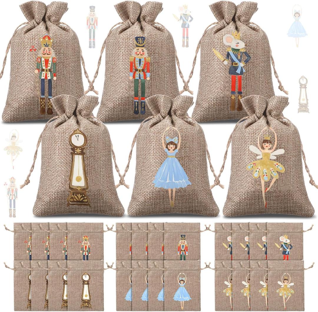 Kinlop 24 Pieces Christmas Nutcracker Burlap Gift Bags with Drawstrings 6 Designs Christmas Holiday Goody Treat Bags Linen Wrapping Candy Pouches Jewelry Pouches for Xmas New Year Party Favors