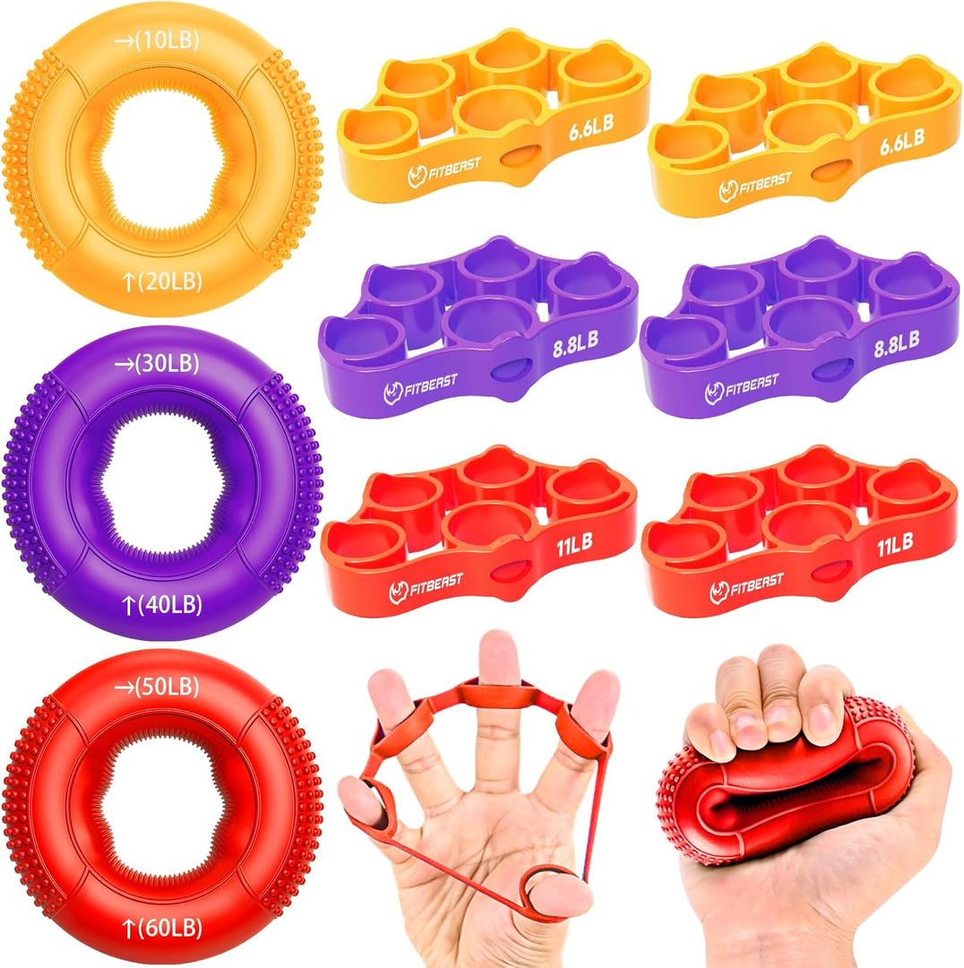 FitBeast Grip Strength Trainer, Finger Exerciser, Forearm Strengthener 9-Piece Kit, Hand Grip Strengthener Targeted Strength, Relief & Recovery (Red)