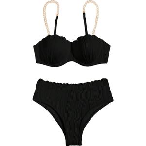 MakeMeChic Women's 2 Piece Bikini Set Textured Pearl Beaded Strap Scallop Trim High Waist Swimsuit (Black) XL