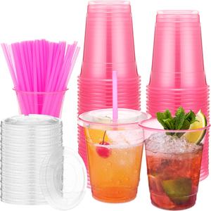 50 Set 12 oz Plastic Neon Cups Glowing Party Disposable Cups with Clear Lids and Straws Glow in the Dark Neon Drinking Cup Bulk for Baby Shower Weddings Birthdays Bachelor(Pink,50 Set)