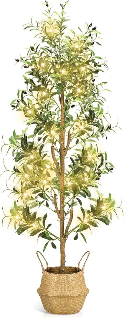 TNELTUEB Faux Olive Tree 6FT - Indoor Tall Artificial Olive Trees with Planter & Basket and Lights, Artificial Plants with Natural Wood Trunk and Realistic Fruits for Home Living Room Office Decor