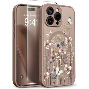 GVIEWIN for iPhone 15 Pro Max Case Compatible with MagSafe, [Military Grade Protection] [Screen Protector] Full Camera Protection Floral Translucent Women Magnetic Phone Case, Autumnflit/Brown