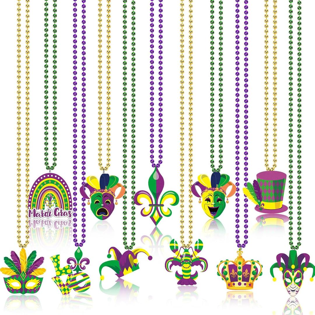 NOVWANG 21Pcs Mardi Gras Accessories Beads Necklaces Green Purple Gold Bead Necklaces for Mardi Gras Carnivals Celebration Parade Throws Party Favor Decorations Supplies(11 Designs)