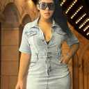 Ryehack Women's Summer Casual Denim Dress Bodycon Short Sleeve Bodycon 1/2 Button Sexy Mini Casual Jean Dress (Medium, Blue)