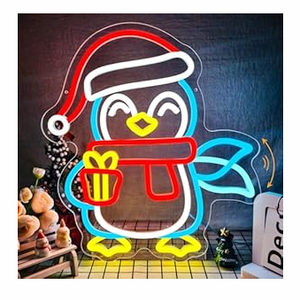Penguin Neon Sign Christmas Neon Sign for Wall Decor Waving Penguin Neon Light Dimmable Flashing Christmas Neon Light for Xmas Party Living Room Holiday Gift