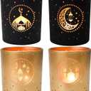 Black and Gold Ramadan Decor Set of 4, Modern Cylinder Glass Tealight Candle Holders, Eid Mubarak Table Decor, Mosque Moon & Star Votive Holders, Elegant Islamic Ramadan Gifts