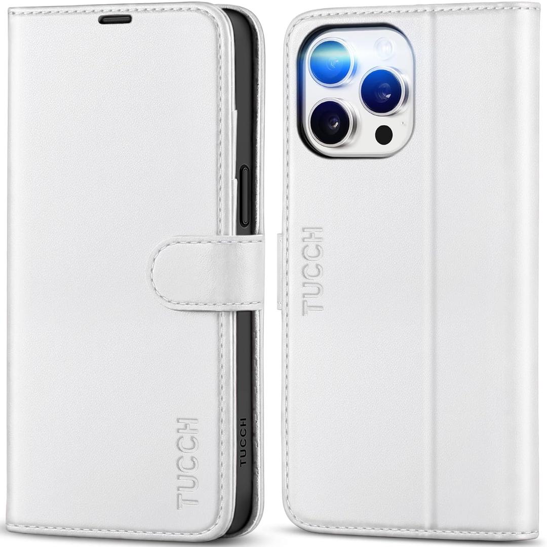 TUCCH Case Wallet for iPhone 15 Pro Max, RFID Blocking 4 Card Holder Kickstand Shockproof TPU Inner Case, PU Leather Magnetic Flip Folio Cover, White