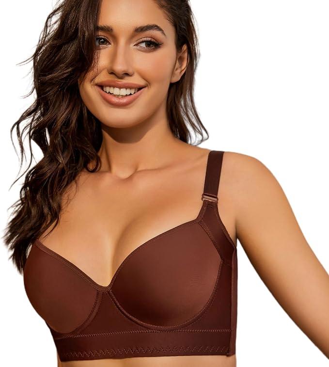YJSPBL Back Smoothing Bra Sexy Bras for Back Fat Plus Size Push Up Bra（Brown, 40D)