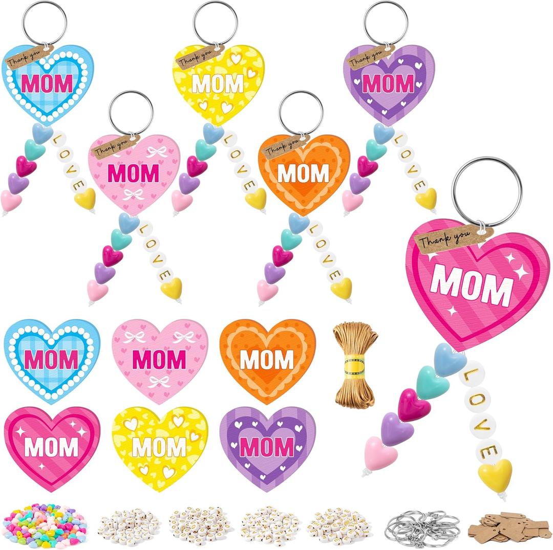 WATINC Heart Beaded Wooden Keychain Craft Kit - 24Pcs DIY Mothers Day Party Favor with Thank You Cards for Mom Grandma, Mothers Day Beads Craft School Classroom Party Fun Activities (Heart)