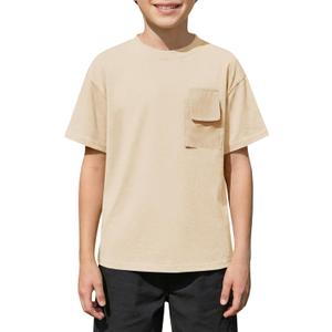 Boys Short Sleeve T Shirts Kids Fashion Crewneck Casual Tees Tops with Flap Chest Pocket 5-14 Years (Beige)