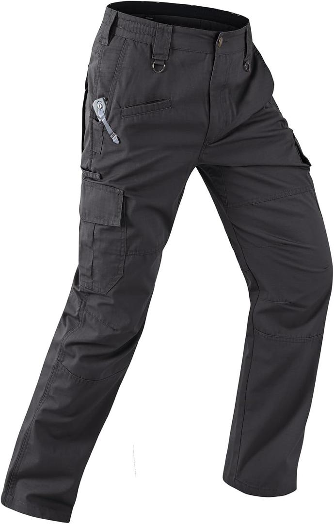 Mens Work Pants Water Resistant Elastic Waist Outdoor Breathable Cargo Tactical Pants with 8 Pockets (Black, L)