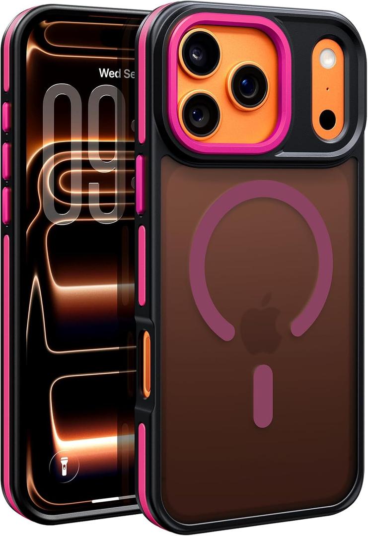 BENTOBEN Magnetic for iPhone 17 Pro Max Case 2025 [Compatible with Magsafe] [Military-Grade Protection] Matte Women Men Anti-Slip Shockproof Bumper Phone Cases for 17 Pro Max 6.9", Hot Pink/Black