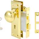 Mortise Lock Set for Interior Door, Vintage Antique Gold Door Knobs with Lock and Skeleton Key, Old Door Knob Replacement Fits 1-3/8 in 1-3/4 in, Polished Brass Finish