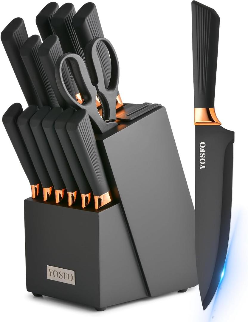 YOSFO Kitchen Knife Set, 15 Pcs Knife Set with Block and Sharpener, High Carbon Stainless Steel Ultra Sharp, Dishwasher Safe