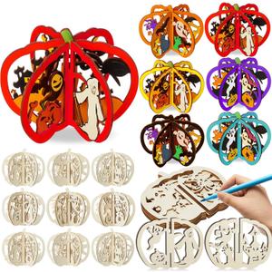 Yalikop 72 Pcs Halloween Wooden Crafts Kits Set 24 Pumpkin DIY 3D Unfinished Wood Slices Coloring Blank Wood Cutouts to Paint for Halloween Table Tray Decor (4.72 x 4 Inches, Ghost Pumpkin Cat)