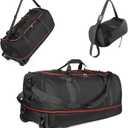 32" Soft-Sided Foldable Wheeled Duffle Bag, 110L Expandable 140L Rolling Travel Bag with Matching Storage Pouch, Updated Black-Red