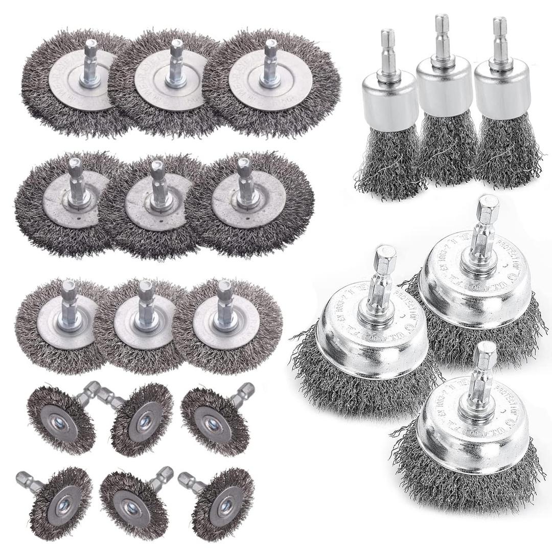 Double Elite Wire Brush for Drill Set 21 Pcs, Abrasive Wire Wheel for Drill 1/4 Inch Hex Shank, Drill Wire Brush Coarse Crimped Carbon Steel, Wire Brush Drill Attachments