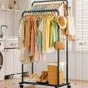 Sakugi Clothes Rack - Double Rods Clothing Rack with Mesh Shelf, Hooks & Wheels, Metal Clothing Racks for Hanging Clothes & Bags, Multifunctional Garment Rack for Laundry, Black, 28.7" x 16.5" x 59.1"