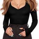 MANGOPOP Sweetheart V Neck Bodysuits for Women Long Short Sleeve Body Suits Tops Shirt (Black, M)