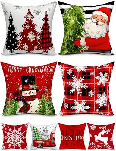 Double-Sided Print Christmas Pillow Covers 20''x20'', Set of 4, 8 Christmas Patterns Christmas Tree, Snowman, Snowflakes, Merry Christmas, Deer, Santa Claus,Truck, Let It Snow, Soft Linen Material