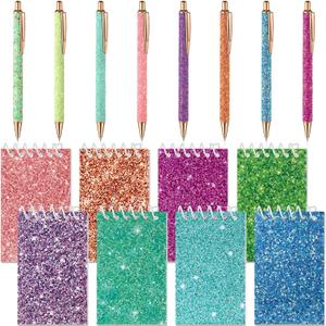 Sherr 16 Pcs Glitter Pens and Notebooks Set Mini Spiral Notepads Fancy Pens for Kids Girls Women Sparkly Sequins Journaling Ballpoint Christmas Birthday Gift Classroom Rewards(Classic Color)