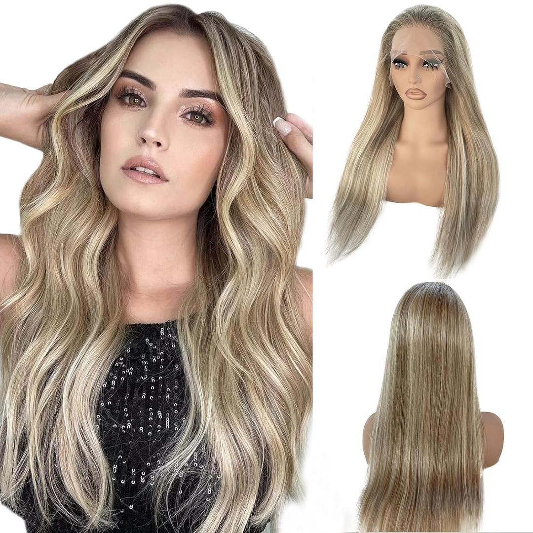Munx Ash Blonde Human Hair Lace Front Wig for Women 18in, Straight 13x4 Transparent HD Lace Frontal Wigs Thick 180% Density Ombre Brown Colored Lace Front Human Hair Wigs Bleached Knots