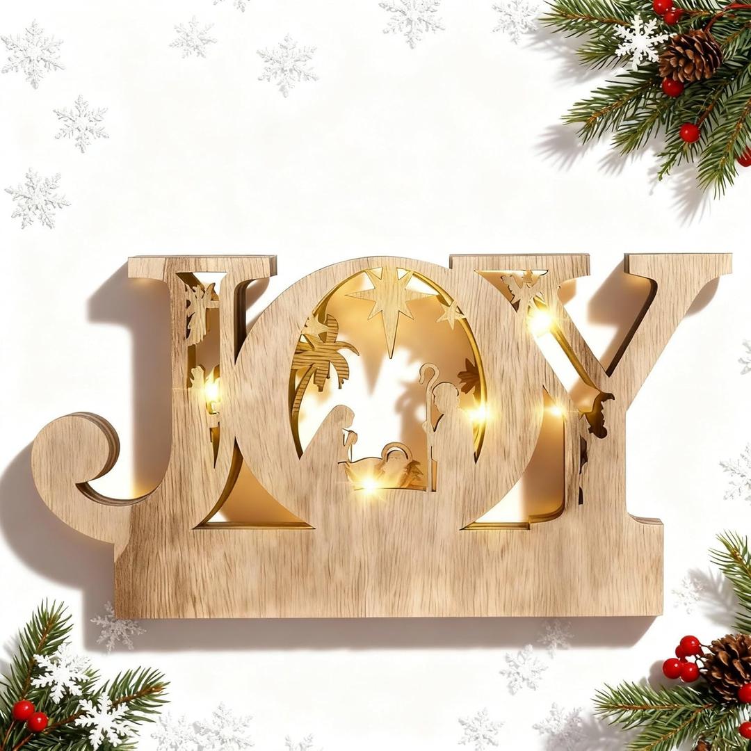 Bucherry Christmas Nativity Scene Ornament 3D Wooden Joy LED Christmas Decorations for Indoor Religious Rustic Nativity Scene Ornaments Decor for Shelves Tables Fireplace