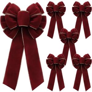 6 Pcs Burgundy Bows 8" x 16" for Christmas Tree, Large Christmas Velvet Bows with Gold Border Waterproof Indoor Outdoor Xmas Tree Elegance Craft for Garland Swags Lantern Outdoor Craft Decor