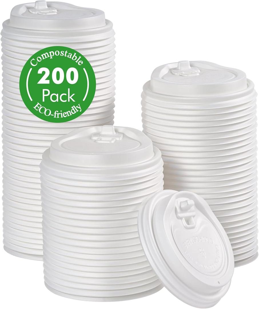 ECO Lipak 100% Compostable Coffee Cup Lids 200 Count 3.15 inch Disposable CPLA Cup Lid Suitable for 8 oz Paper Cups, White