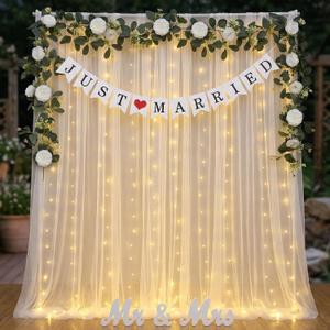 5 Pcs Just Married Decorations Kit, All-in-one Wedding Decor with 5.5x16.4ft White Tulle Backdrop with Lights, Mr and Mrs Sign, 2 Flower Garlands, Wedding Banner for Reception, Party
