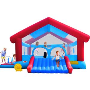 WELLFUNTIME Inflatable Bounce House, Large Shade Tent Bouncing Castle with Blower, 17.9 ft L x 14.8 ft W x 9.8 ft H, Bouncer for 6 Kids, Ages 3-12, Basketball Hoop, Ringtoss, Dartboard, Ball Pit
