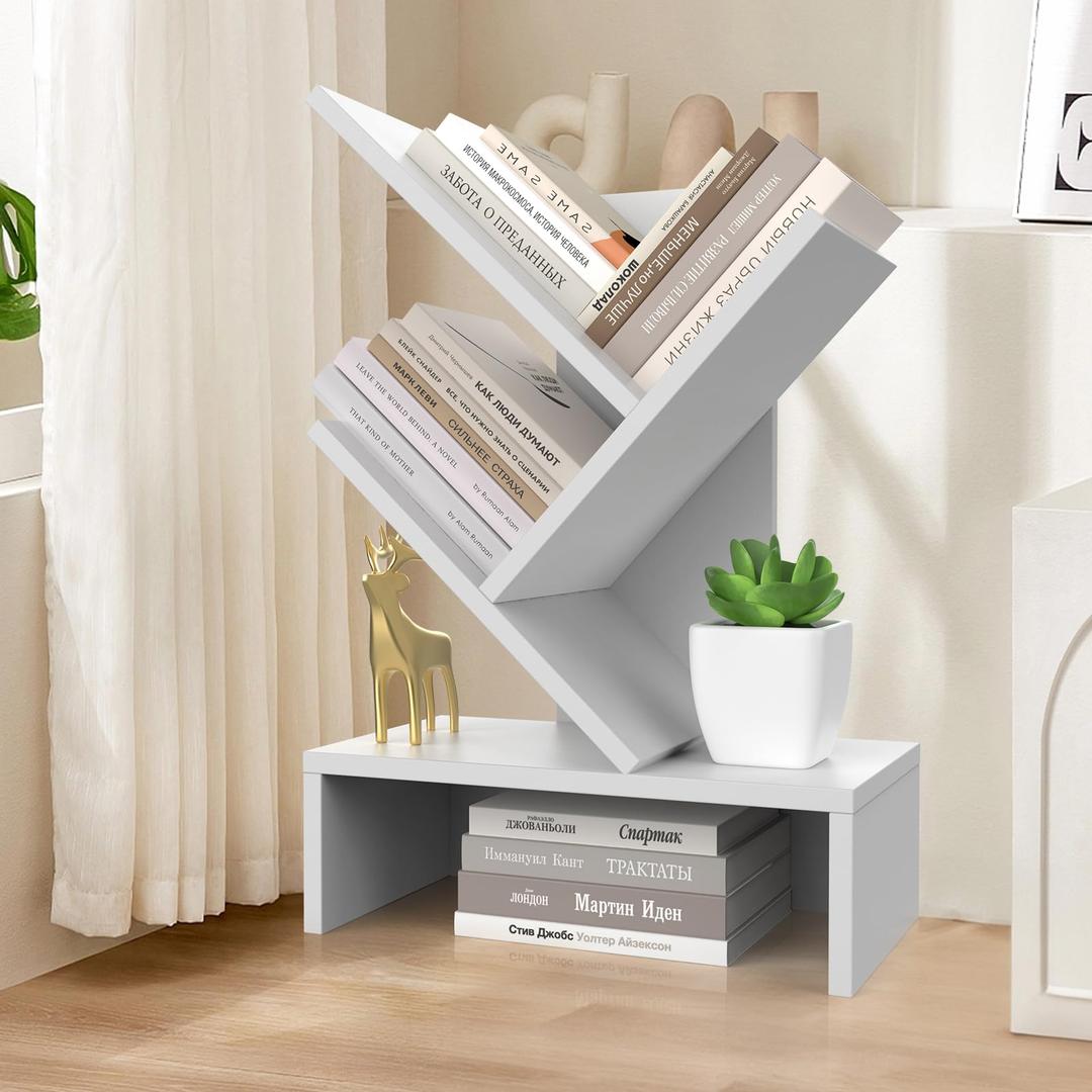 Godferyxin Desktop Bookshelf with Drawer – Compact Book Holder for Small Spaces, White Mini Bookcase for Office, CDs, and Decorative Items, Fits Bedroom Desk