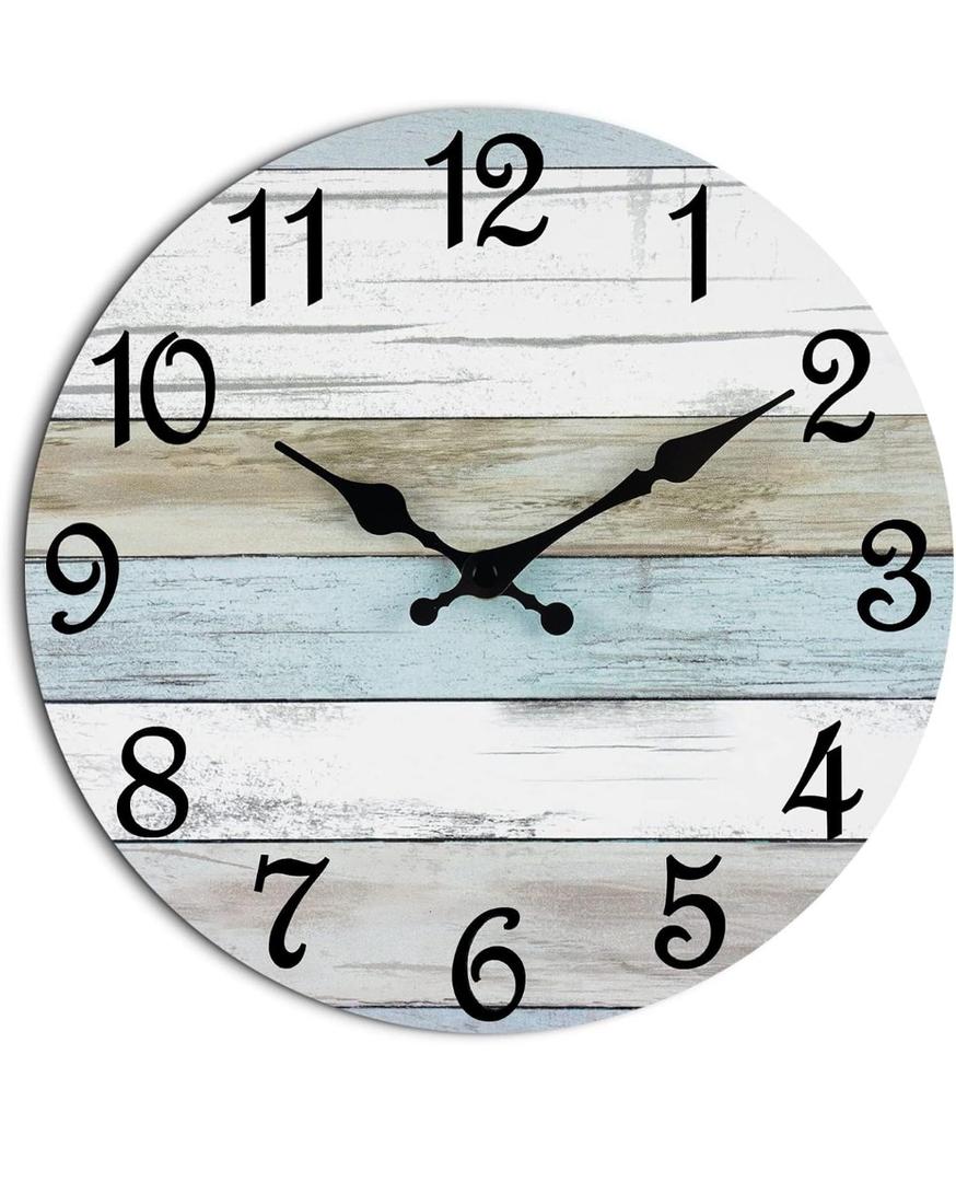 CHYLIN Wall Clock, Silent Non Ticking Battery Operated, Rustic Coastal Country Clock Decorative for Bathroom Kitchen Bedroom 8, B-White,Brown, Blue