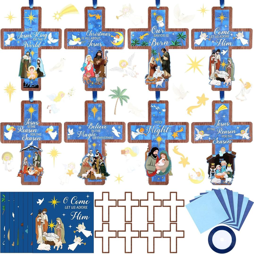 48 Pcs Winter Nativity Cross Suncatchers Craft Kits Religious Christian Winter Crafts Jesus Nativity Stained Glass Tissue Paper Craft Kit for Window Art Activities Decoration