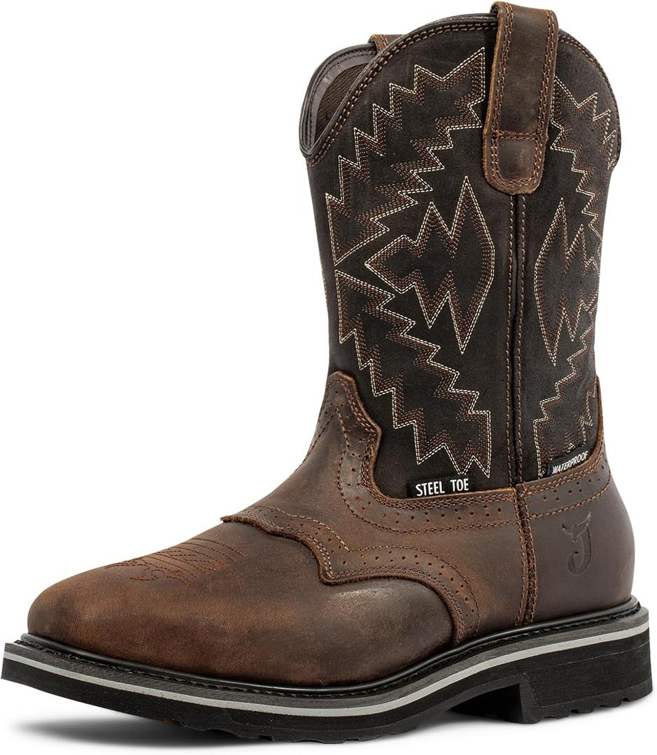 J's.o.l.e Steel Toe Work Boots for Men Waterproof Square Toe Cowboy Boots Durable Pull-On Safety Boots for Welding, Farming, Heavy Duty Jobs 10