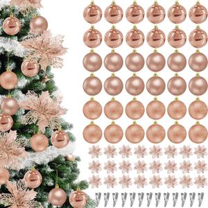Soaoo 60 Pcs Rose Gold Christmas Tree Ornaments Set, 36 Pcs 2.36" Shatterproof Christmas Balls Decorations, 24 Pack 6.3" Glitter Poinsettia Artificial Flowers Decor Xmas Decorative Hanging Ornaments