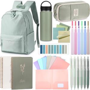 Cunno 28 Pcs Backpack Set Pencil Case Notebook Pen Insulated Cup File Folder Sticky Note Memo Pad Essentials Stationery Kit(Green)